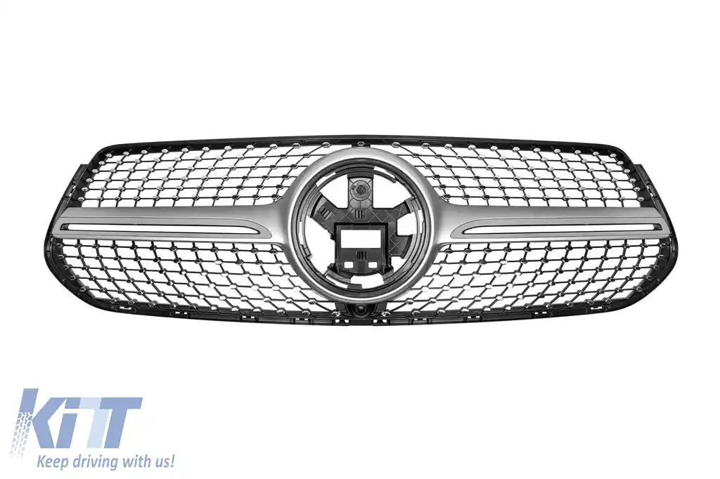 Grilă diamant cu crom/silver potrivită pentru Mercedes GLE W167, GLE coupe C167 după 2019-2023 cu orificiu pentru cameră, potrivită pentru modelul echipat cu bara de protecție frontală A Design