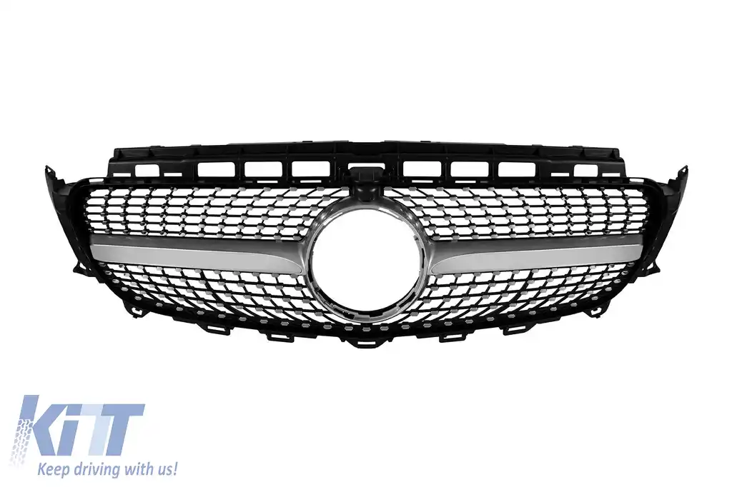 Grilă diamantată crom/gray potrivită pentru Mercedes E-Class W213 sedan, S213 break, C238 coupe, A238 cabriolet 2016-2019 cu deschidere pentru cameră