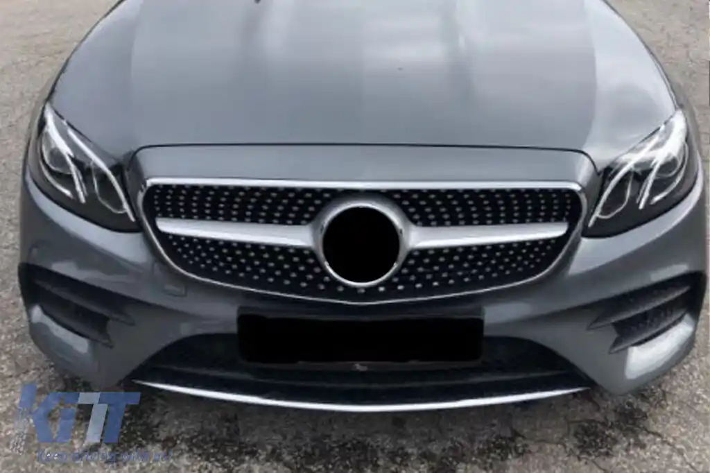 Grilă diamantată crom/gray potrivită pentru Mercedes E-Class W213 sedan, S213 break, C238 coupe, A238 cabriolet 2016-2019 cu deschidere pentru cameră-image-6236963