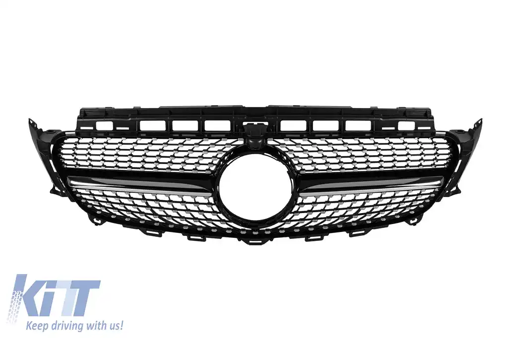 Grilă diamantată crom/neagră potrivită pentru Mercedes E-Class W213 sedan, S213 break, C238 coupe, A238 cabriolet 2016-2019 cu deschidere pentru cameră