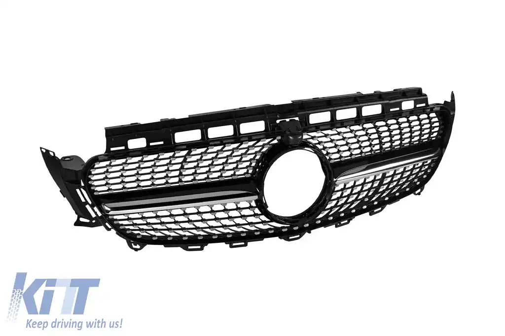 Grilă diamantată crom/neagră potrivită pentru Mercedes E-Class W213 sedan, S213 break, C238 coupe, A238 cabriolet 2016-2019 cu deschidere pentru cameră-image-6236952