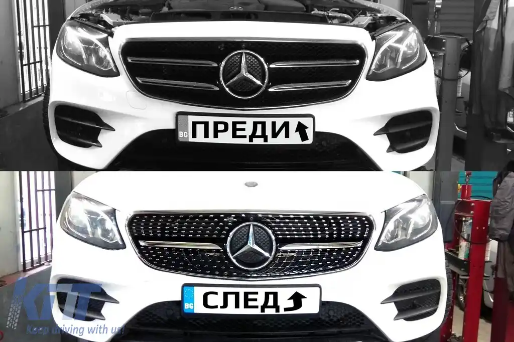 Grilă diamantată crom/neagră potrivită pentru Mercedes E-Class W213 sedan, S213 break, C238 coupe, A238 cabriolet 2016-2019 cu deschidere pentru cameră-image-6236955