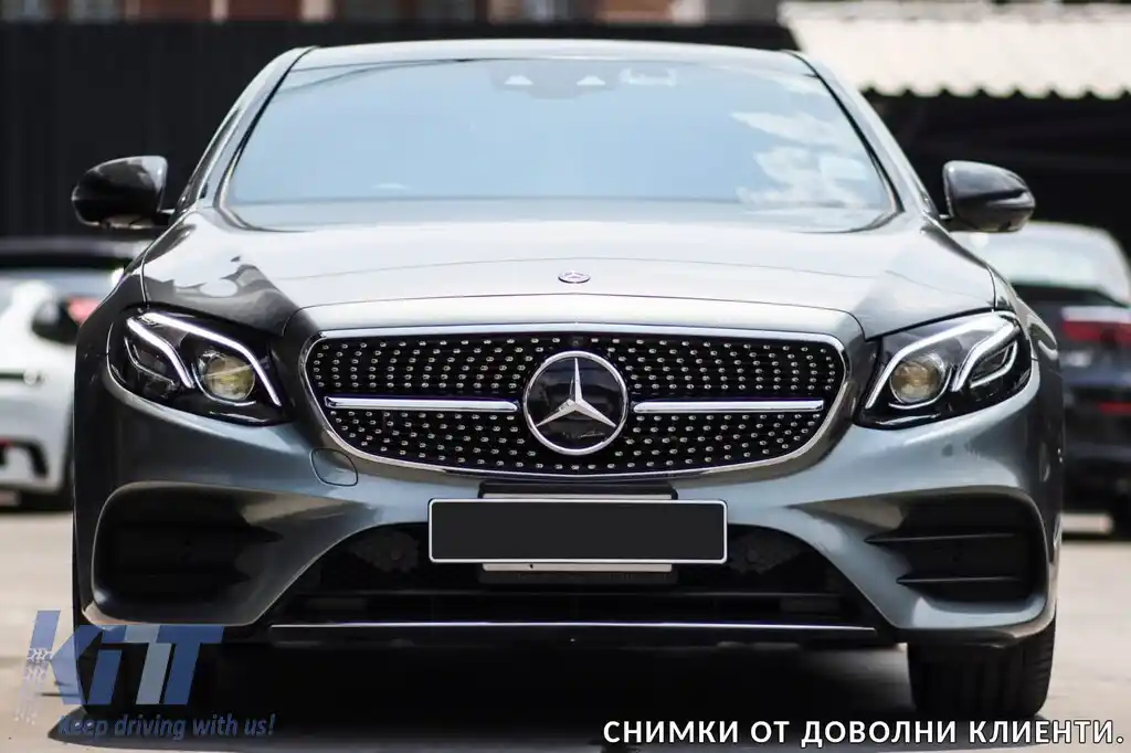 Grilă diamantată crom/neagră potrivită pentru Mercedes E-Class W213 sedan, S213 break, C238 coupe, A238 cabriolet 2016-2019 cu deschidere pentru cameră-image-6236956