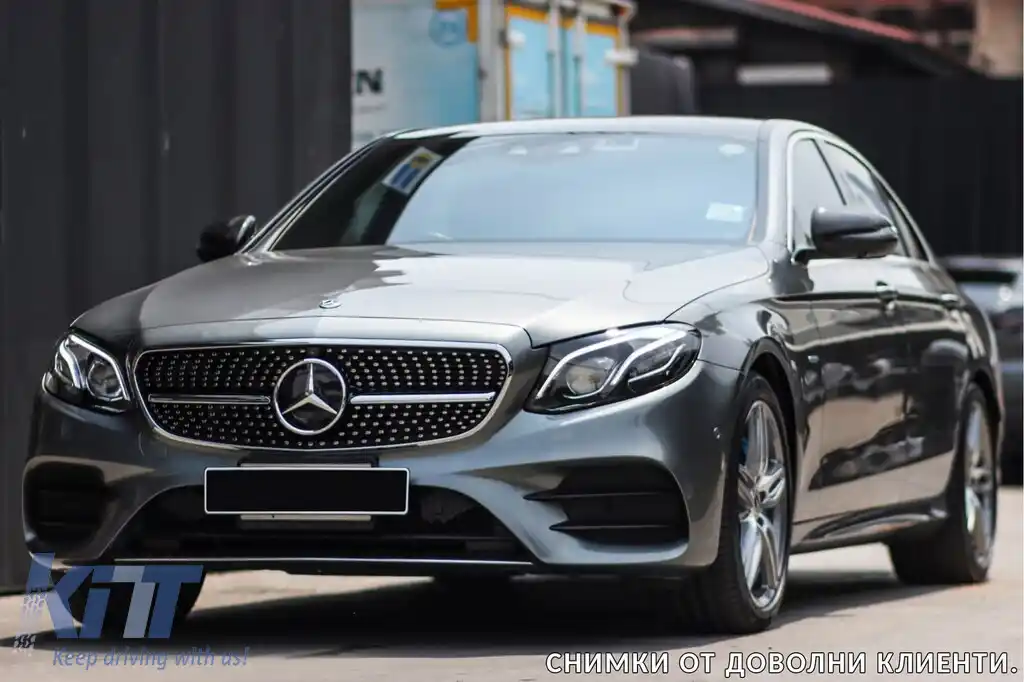 Grilă diamantată crom/neagră potrivită pentru Mercedes E-Class W213 sedan, S213 break, C238 coupe, A238 cabriolet 2016-2019 cu deschidere pentru cameră-image-6236957