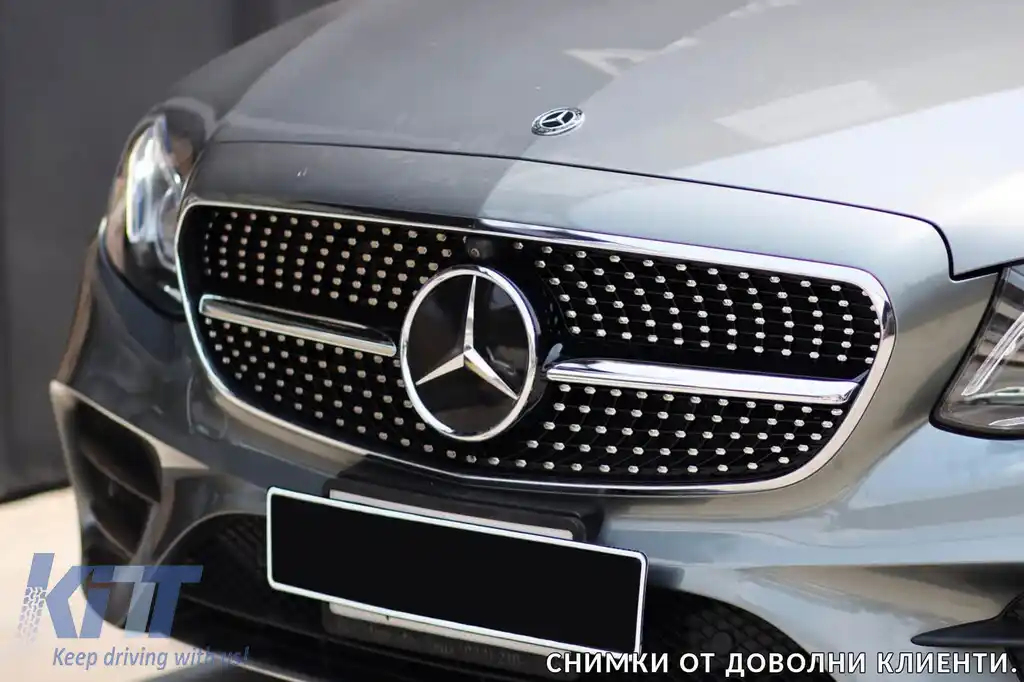 Grilă diamantată crom/neagră potrivită pentru Mercedes E-Class W213 sedan, S213 break, C238 coupe, A238 cabriolet 2016-2019 cu deschidere pentru cameră-image-6236958