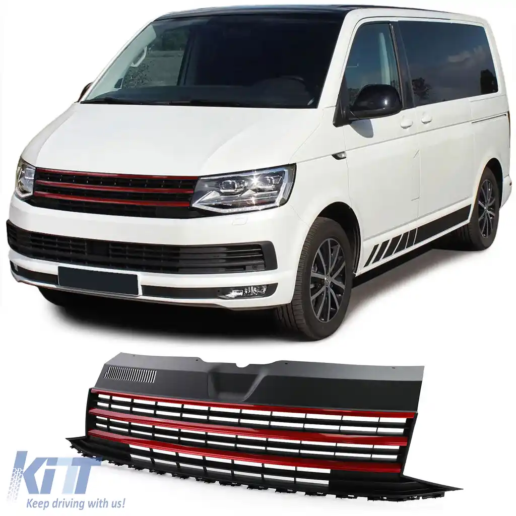 Grilă fără emblemă cu benzi roșii potrivită pentru VW T6 Bus Transporter 15-19