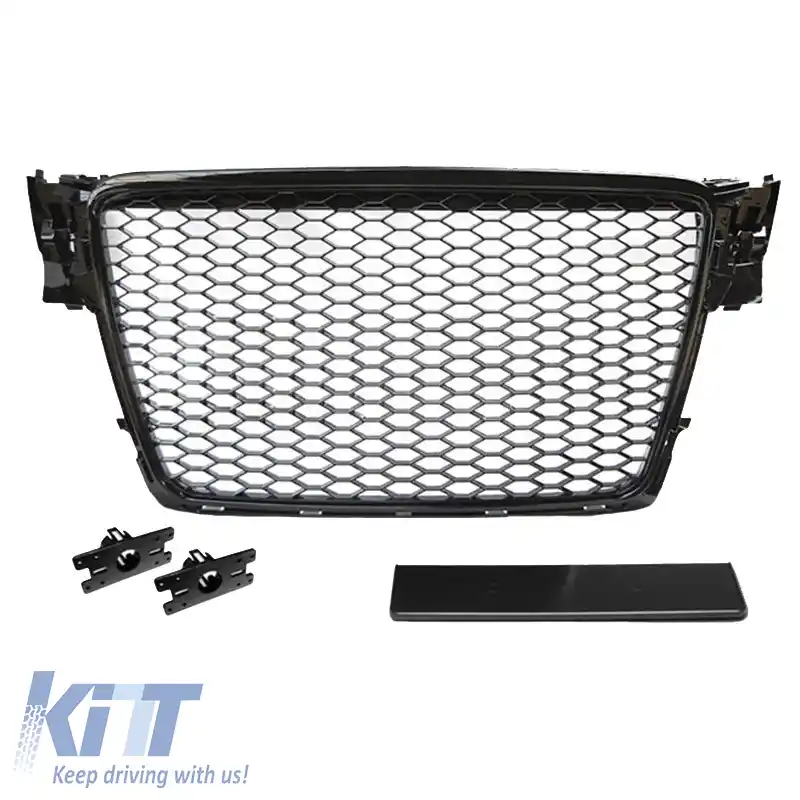 Grilă frontală potrivită pentru Audi A4 B8 08-11 Aspect RS4 cu fagure negru lucios 1 buc.-image-6329177