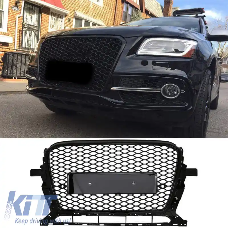 Grilă frontală potrivită pentru Audi Q5 8R Facelift 12-15 RSQ5 Look cu plasă, negru lucios, 1Pc-image-6311452