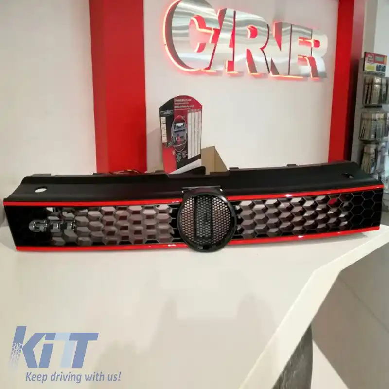 Grilă frontală potrivită pentru Polo 6R/6C 09-16 GTI Look cu fagure și linie roșie 1 buc.-image-6296013