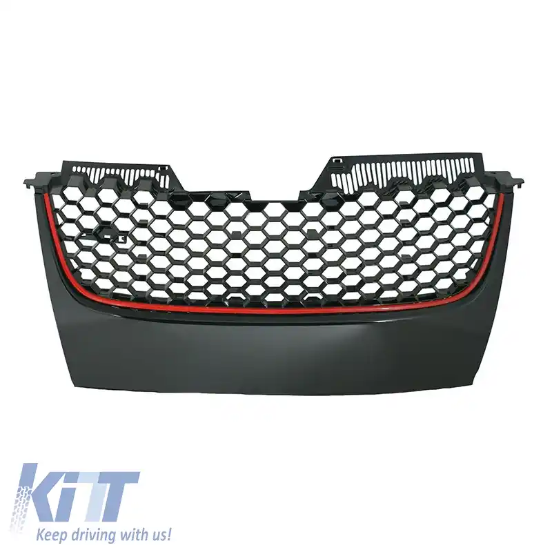 Grilă frontală potrivită pentru VW Golf V (5) 03-08 / Jetta 05-11 Aspect GTI fără emblemă, tip fagure cu linie roșie 1 buc.-image-6295815