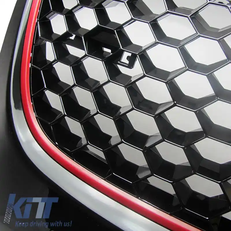 Grilă frontală potrivită pentru VW Golf V (5) 03-08 / Jetta 05-11 Aspect GTI fără emblemă, tip fagure cu linie roșie 1 buc.-image-6295817