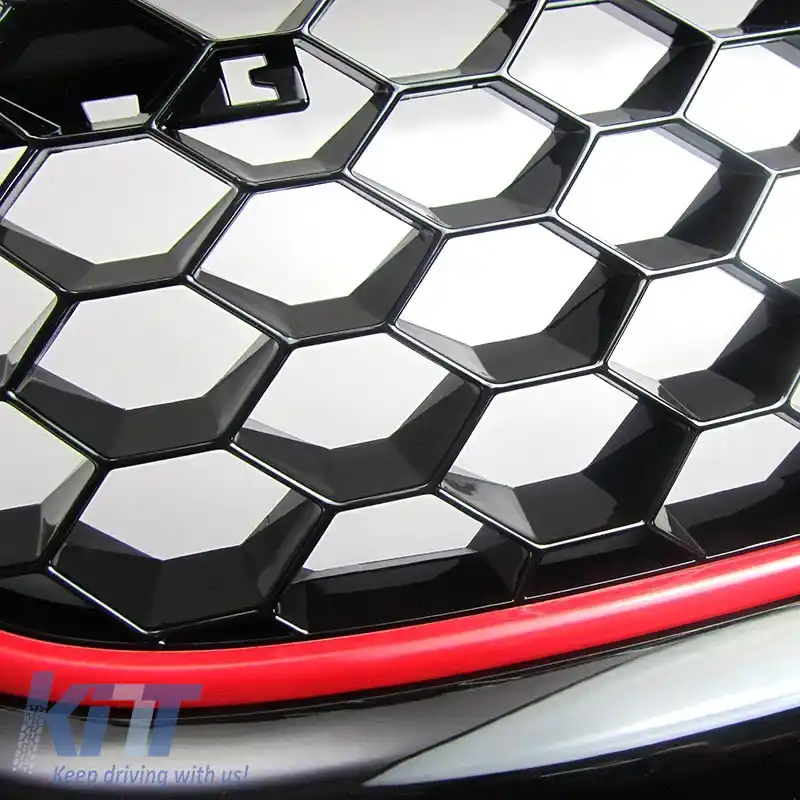 Grilă frontală potrivită pentru VW Golf V (5) 03-08 / Jetta 05-11 Aspect GTI cu fagure și linie roșie 1 buc.-image-6296017