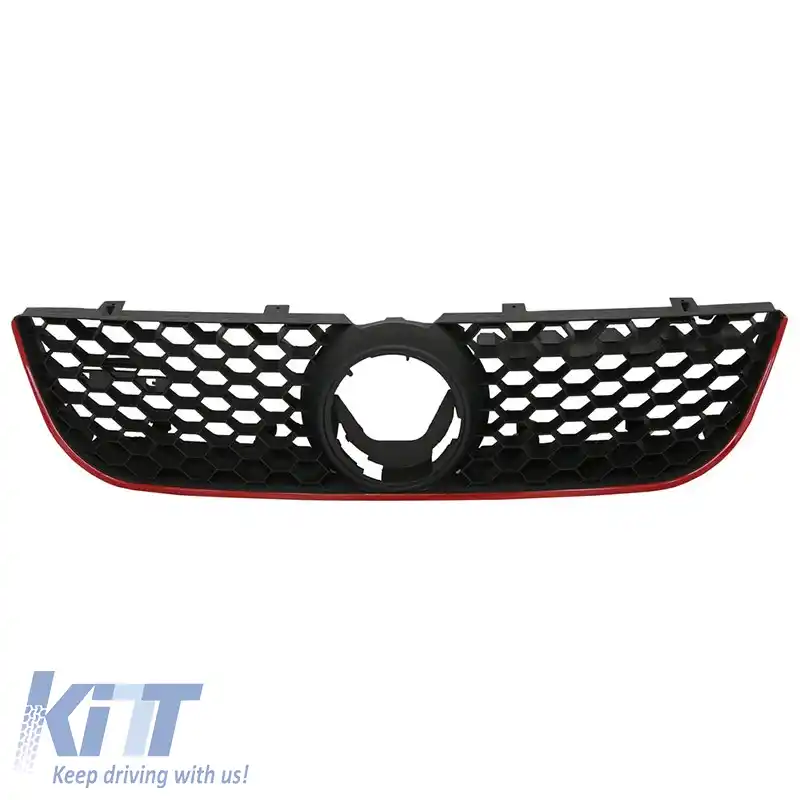 Grilă frontală potrivită pentru VW Polo 9N3 05-09 GTI Look cu plasă de tip fagure și linie roșie 1 buc.-image-6295974