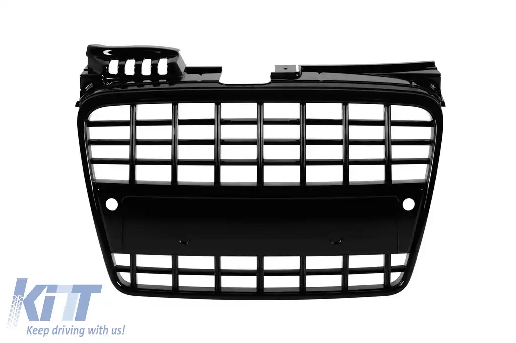 Grilă lac negru fără emblemă tip S4 potrivită pentru Audi A4 B7 sedan, break 2004-2007 cu deschideri pentru senzori de parcare, pentru bara de protecție frontală standard
