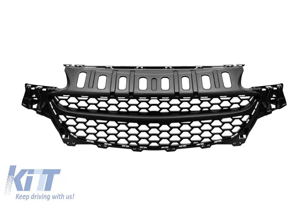 Grilă neagră tip fagure, potrivită pentru Opel Corsa E 2014-2019, fără deschidere pentru emblemă