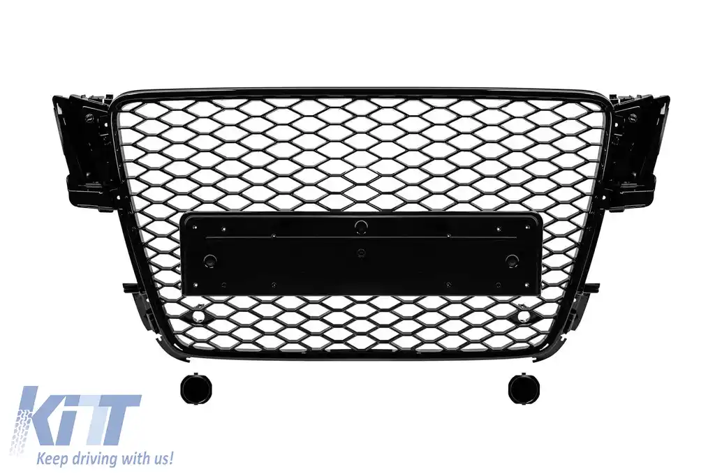 GRILĂ PICTATĂ NEAGRĂ TIP RS5 POTRIVITĂ PENTRU AUDI A5 2007-2011, CU GĂURI PENTRU SENSOARE DE PARCARE, FĂRĂ BAZĂ PENTRU EMBLEMA