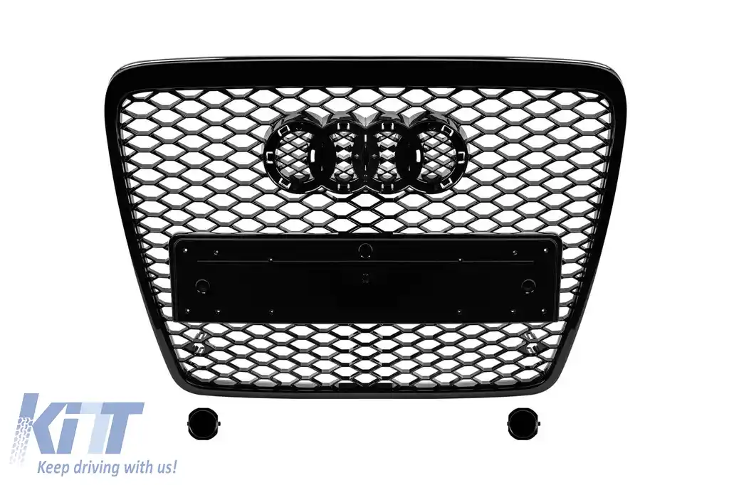GRILĂ PICTATĂ NEAGRĂ TIP RS6 POTRIVITĂ PENTRU AUDI A6 2008-2011 PENTRU MODELE ECHIPATE CU PARASOL STANDARD SAU S-LINE, CU BAZĂ PENTRU EMBLEMA, CU ORIFICII PENTRU SENSOARE DE PARCARE