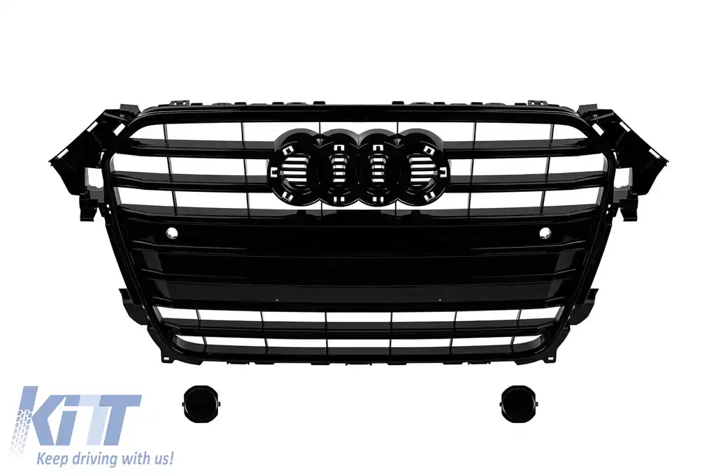 GRILĂ PICTATĂ NEAGRĂ TIP S4 POTRIVITĂ PENTRU AUDI A4 2011-2015 PENTRU MODELE ECHIPATE CU BARA FRONTALĂ STANDARD, CU DESCHIDERI PENTRU SENSOARE DE PARCARE