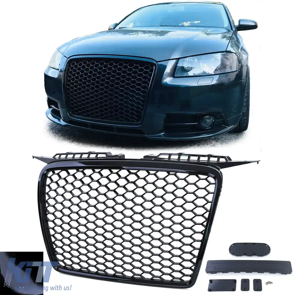 Grilă radiator cu fagure fără emblemă, neagră lucioasă, potrivită pentru Audi A3 8P 05-08