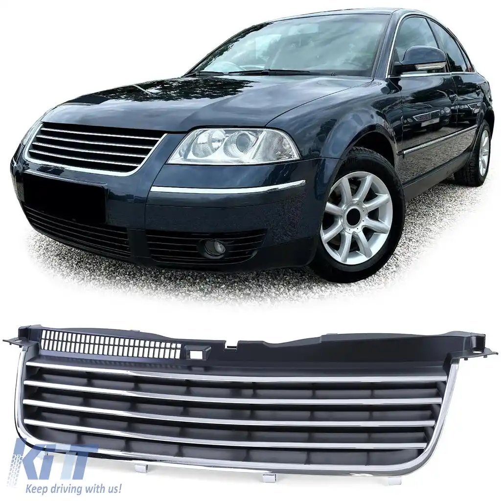Grilă radiator fără emblemă cu benzi cromate, potrivită pentru VW Passat 3BG 00-05