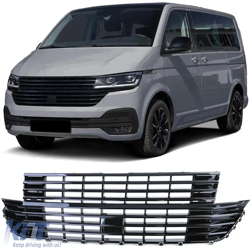 Grilă radiator fără emblemă negru lucios, potrivită pentru VW T6.1 Bus+Transporter facelift din 19