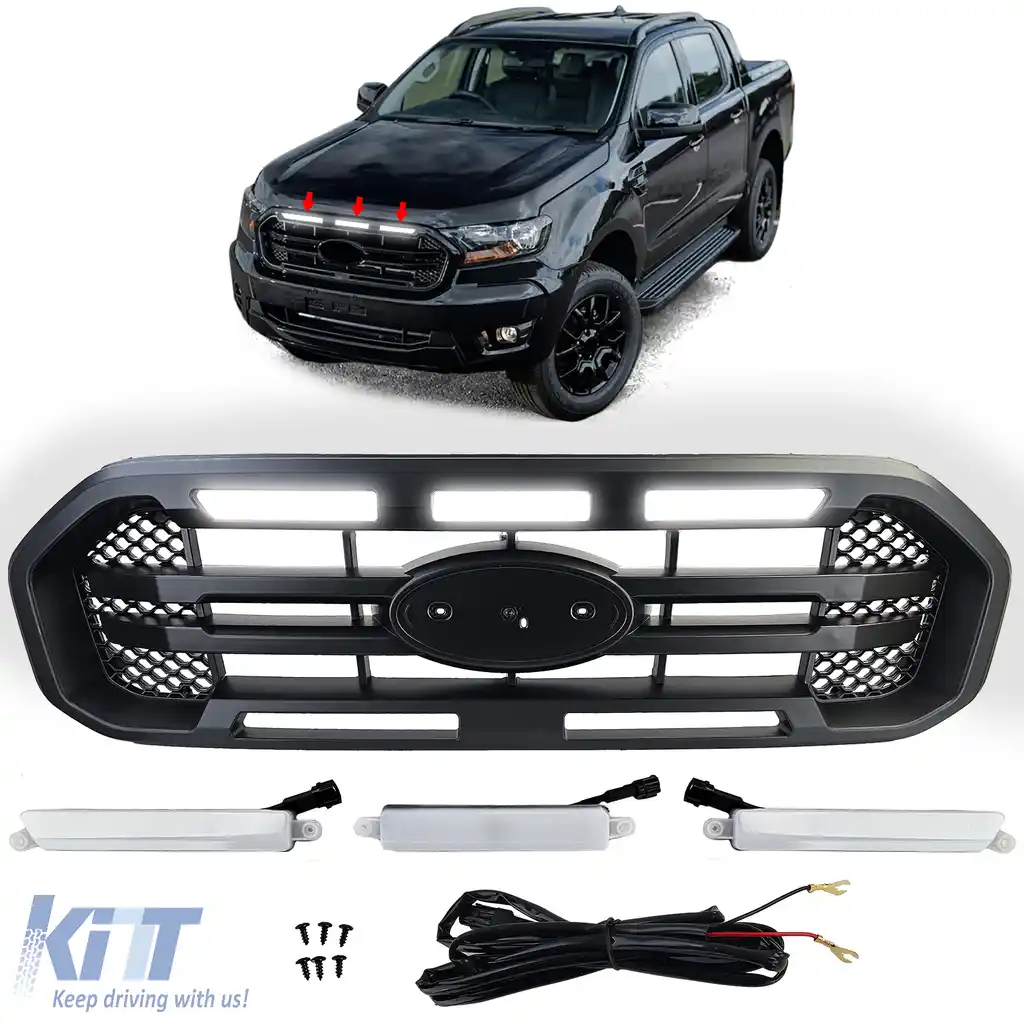 Grilă radiator neagră cu bară dublă și LED, potrivită pentru Ford Ranger T8 19-23 2.0 TDCi
