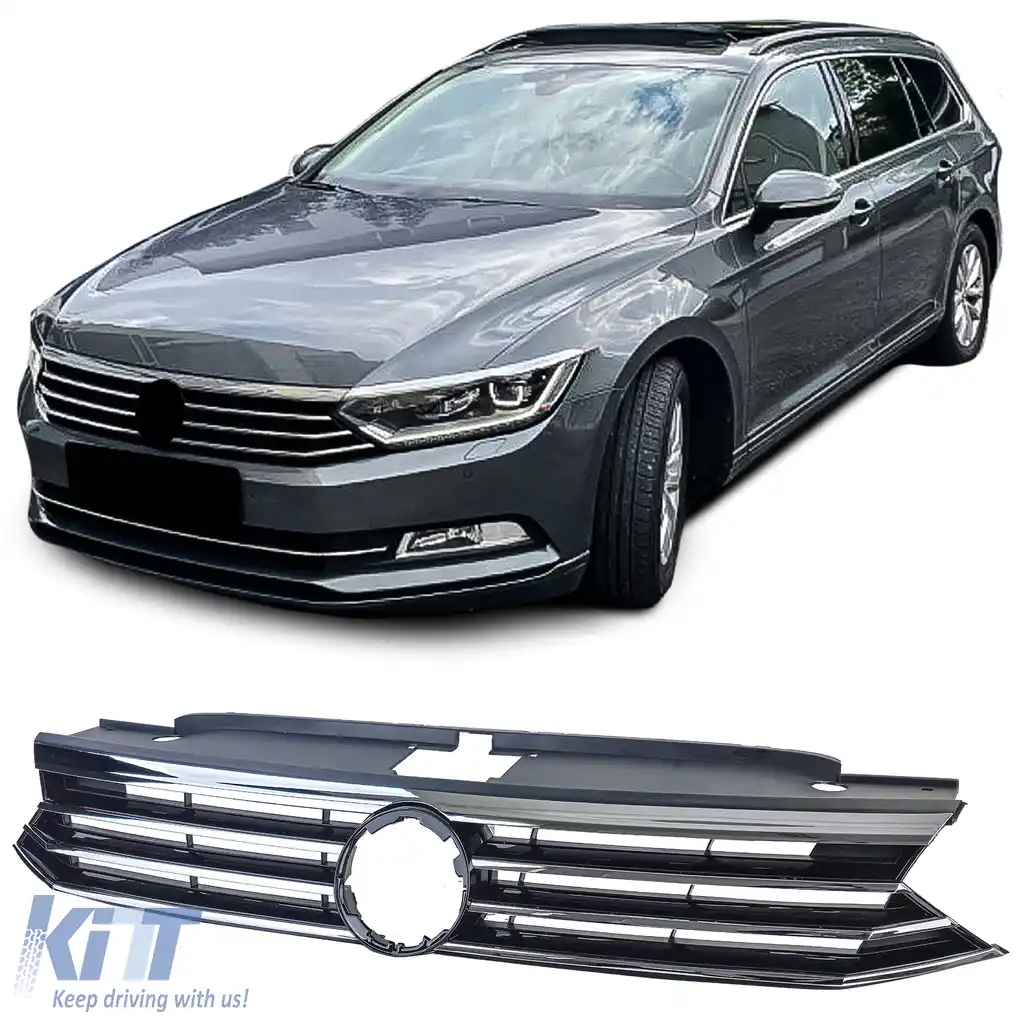 Grilă radiator neagră cu benzi cromate, potrivită pentru VW Passat B8 3G pre-facelift 2014-2019