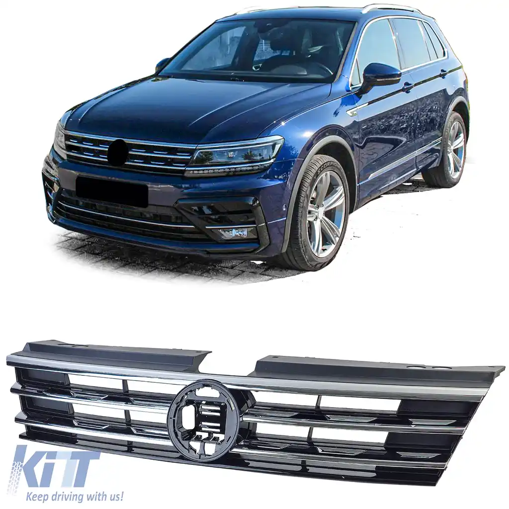 Grilă radiator neagră cu benzi cromate, potrivită pentru VW Tiguan II 2016-2020