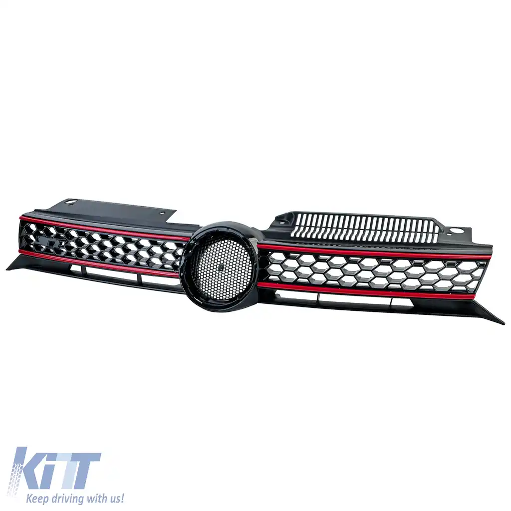 Grilă radiator neagră lucioasă cu benzi roșii, potrivită pentru VW Golf 6, inclusiv GTI 08-13-image-6190652