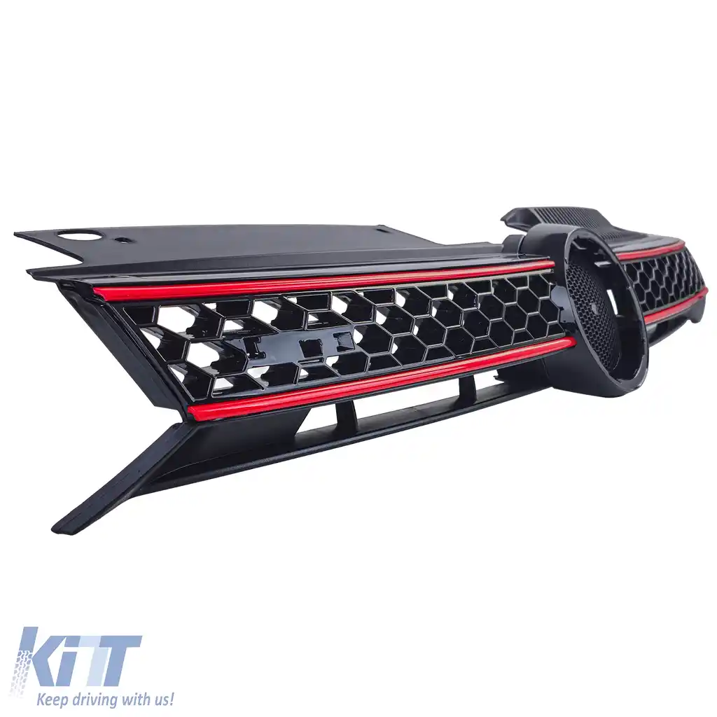 Grilă radiator neagră lucioasă cu benzi roșii, potrivită pentru VW Golf 6, inclusiv GTI 08-13-image-6190655