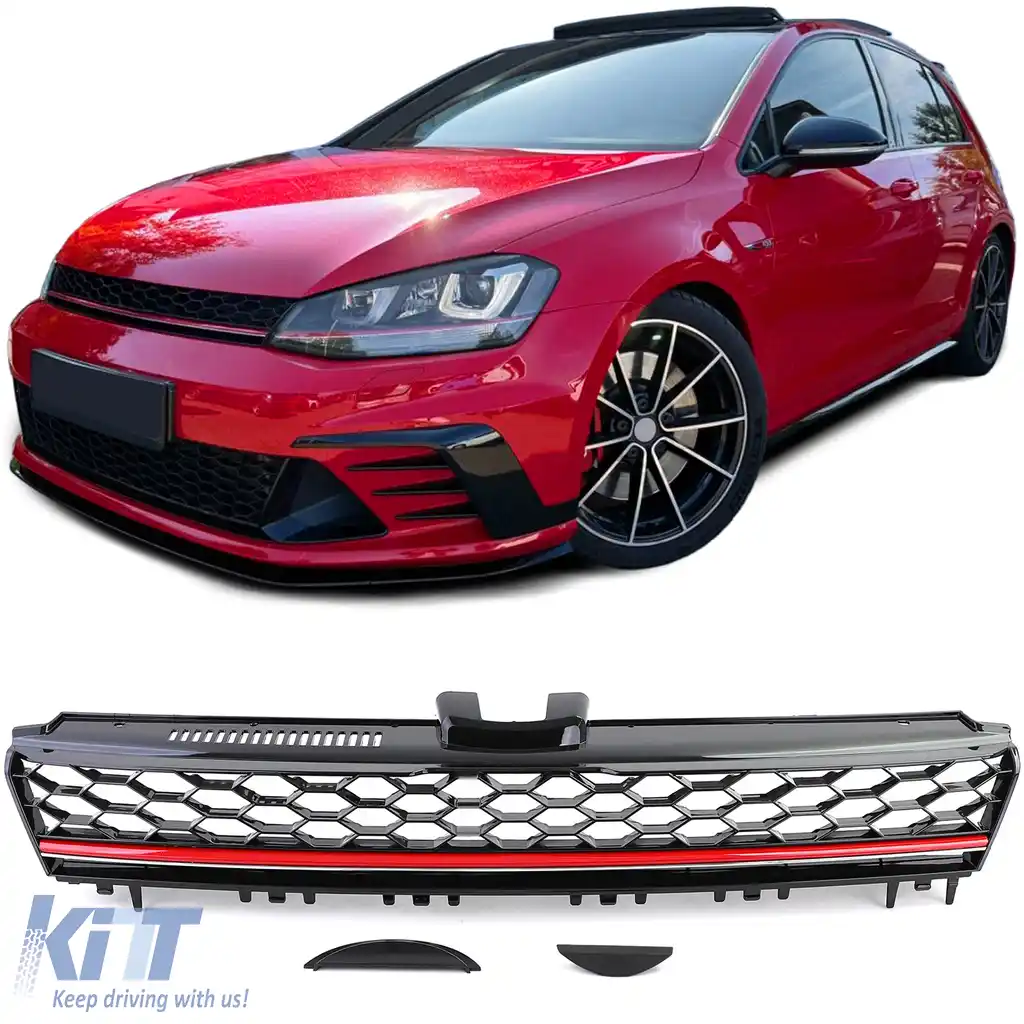 Grilă radiator sport cu fagure fără emblemă, negru lucios, potrivită pentru VW Golf 7 12-17, inclusiv GTI