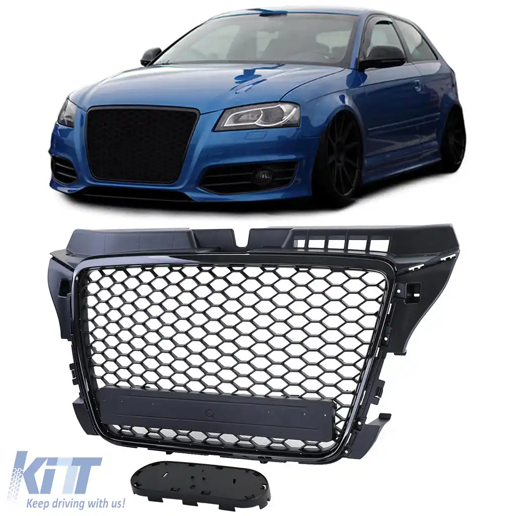 Grilă Radiator Tip Fagure Aspect Sport Negru Lucios Mată, potrivită pentru Audi A3 8P 08-13