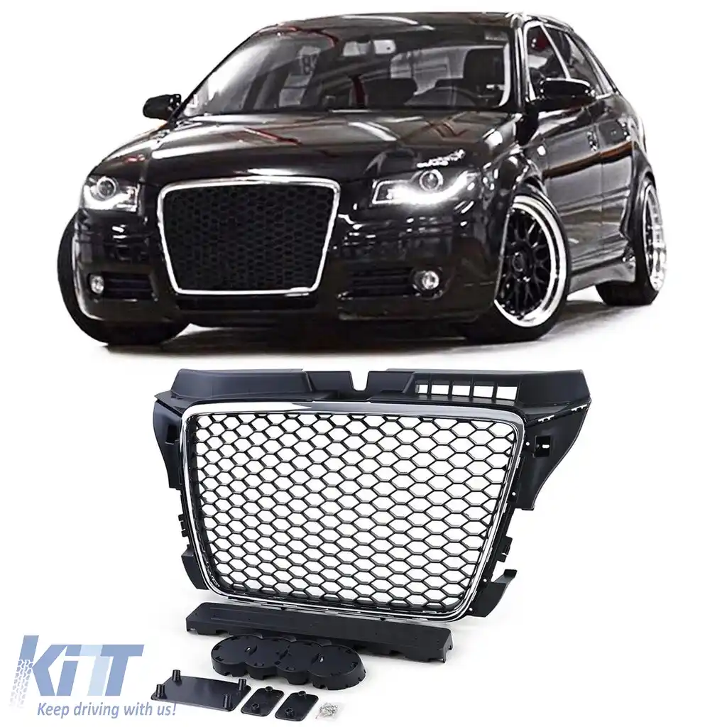 Grilă radiator tip fagure fără emblemă negru mat cromat, potrivită pentru Audi A3 8P 08-13