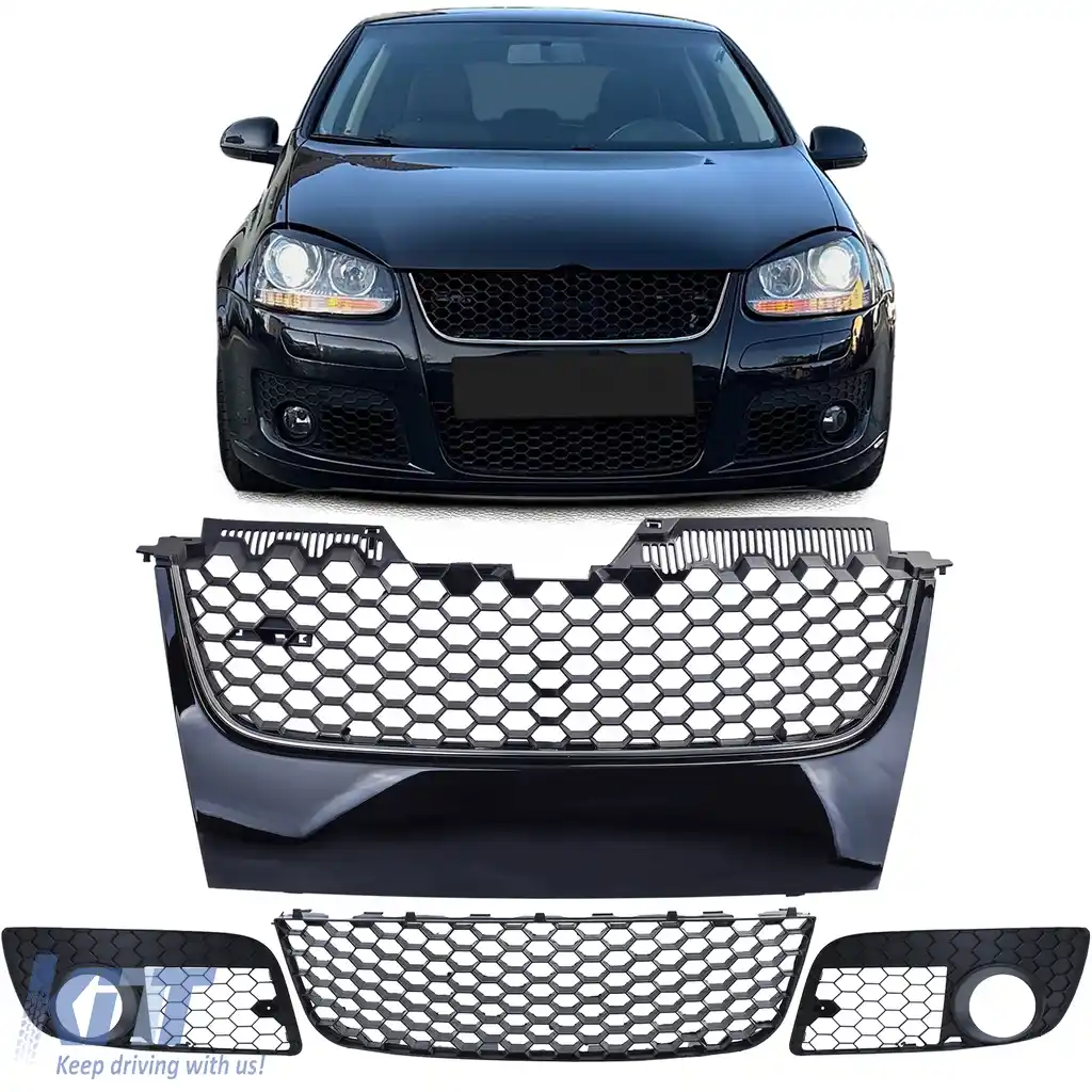 Grilă sport cu bandă cromată + plasă de bumper potrivită pentru VW Golf 5 GTI 03-09