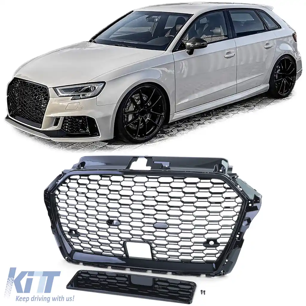 Grilă sport cu plasă în fagure, neagră lucioasă, potrivită pentru Audi A3 8V 16-20 cu ACC