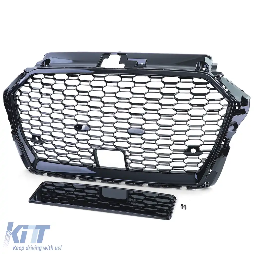 Grilă sport cu plasă în fagure, neagră lucioasă, potrivită pentru Audi A3 8V 16-20 cu ACC-image-6192417