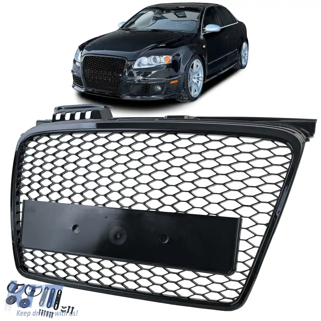 Grilă sport design fagure performanță lucios, potrivită pentru Audi A4 B7 2004-2008