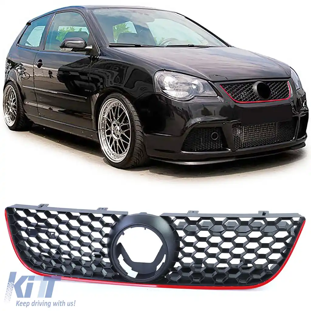 Grilă sport din fagure cu accente roșii, potrivită pentru VW Polo 9N3 05-09, inclusiv GTI