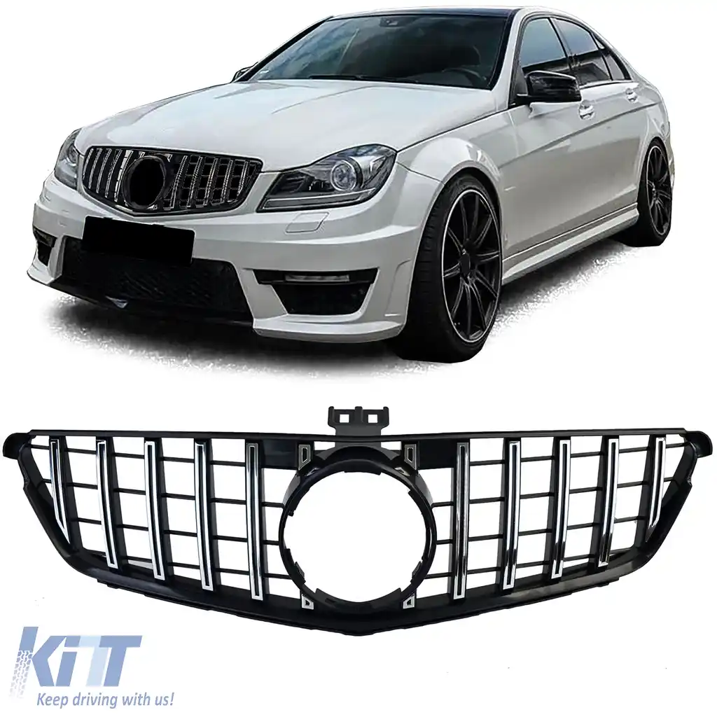 Grilă sport neagră lucioasă cu crom, potrivită pentru Mercedes C-Class W204 S204 C204
