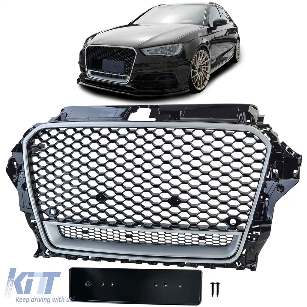 Grilă sport tip fagure neagră lucioasă cu argintiu, potrivită pentru Audi A3 tip 8V 12-16