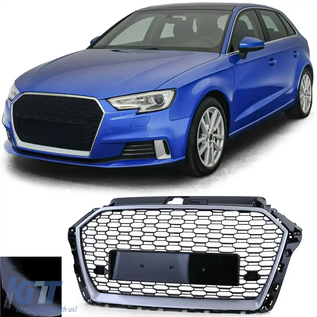 Grilă sport tip fagure neagră lucioasă cu argintiu, potrivită pentru Audi A3 8V 16-20 fără ACC