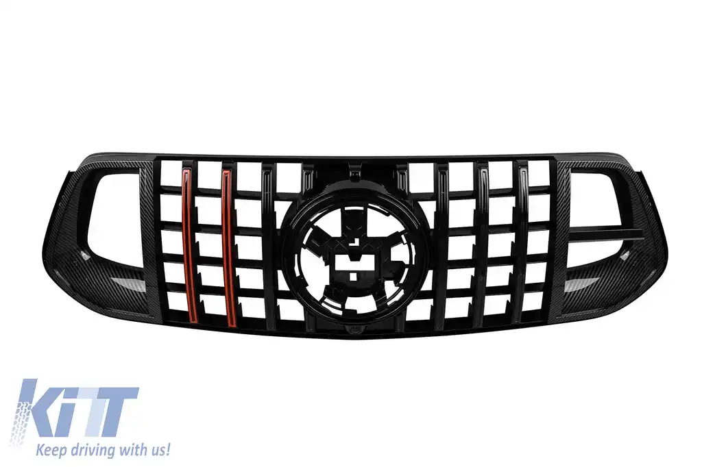 Grilă tip BS potrivită pentru Mercedes GLE SUV W167, GLE Coupe C167 2019-2023 cu deschidere pentru cameră, pentru modelul echipat cu bara de protecție frontală A Design Line, culoare carbon