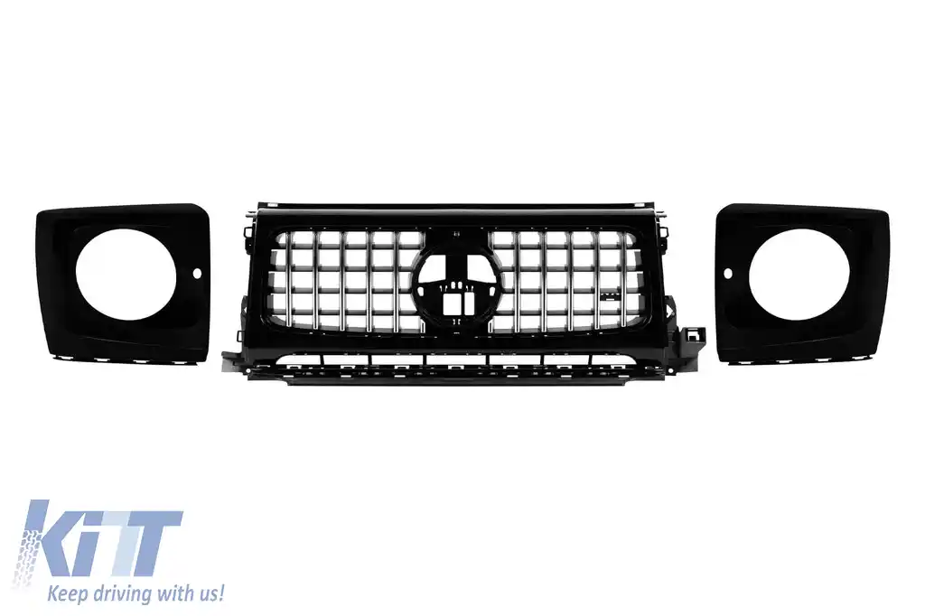 Grilă tip GT crom/neagră cu capace pentru faruri, potrivită pentru Mercedes G-Class W465 după 2025