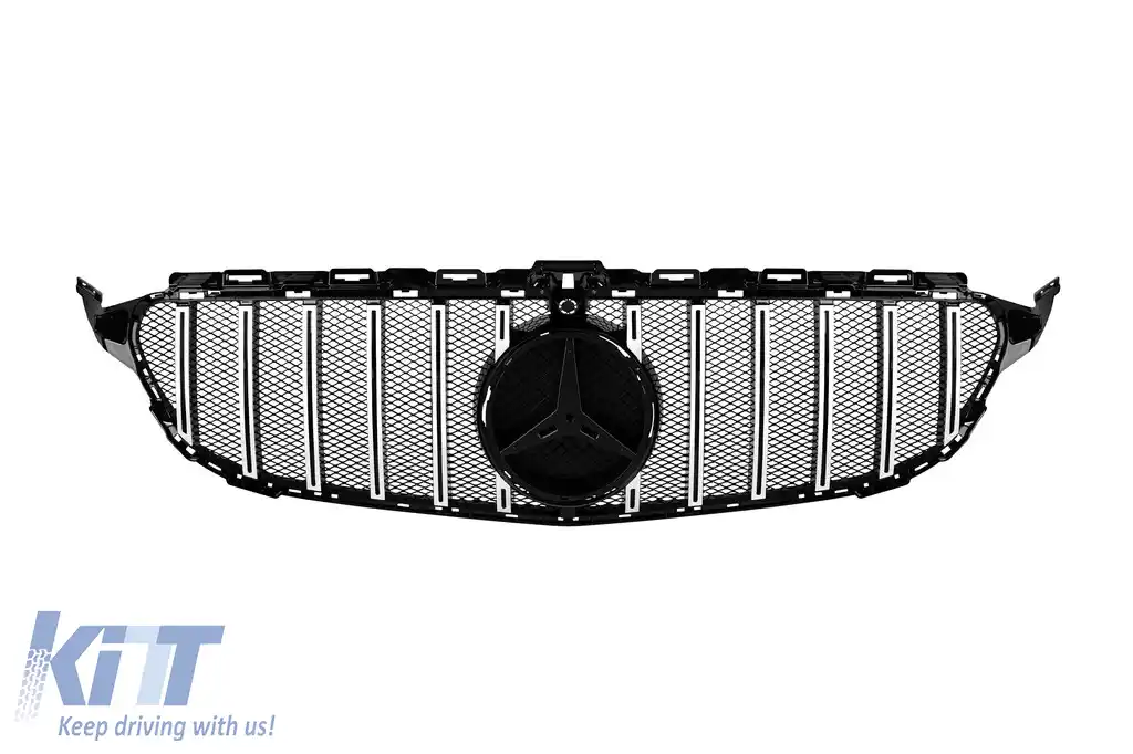 Grilă tip GT crom/neagră potrivită pentru Mercedes Clasa C W205 sedan, S205 break, C205 coupe 2014-2018 cu deschidere pentru cameră
