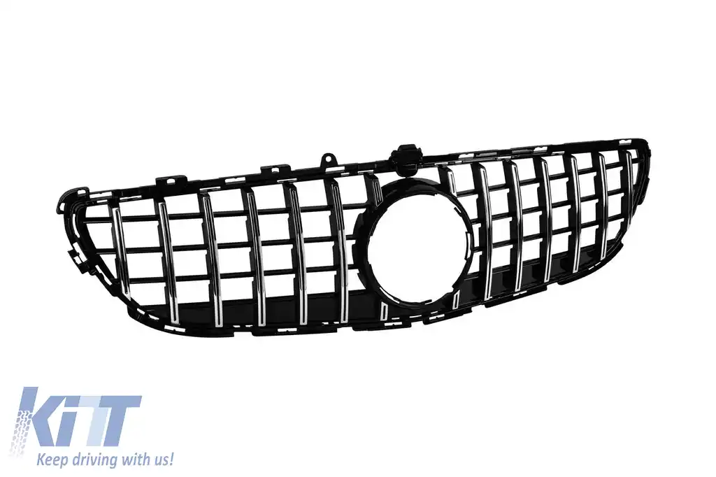 Grilă tip GT crom/neagră potrivită pentru Mercedes CLS C218 2015-2018 cu deschidere pentru cameră-image-6145696