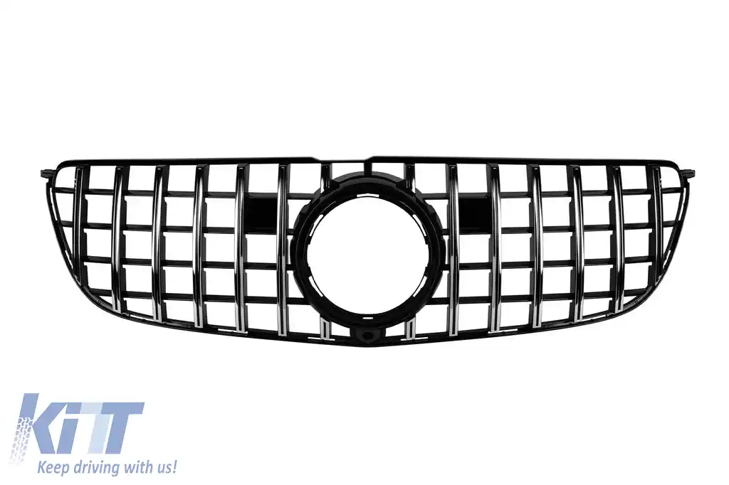 Grilă tip GT crom/neagră potrivită pentru Mercedes GLS X166 2016-2019 cu deschidere pentru cameră