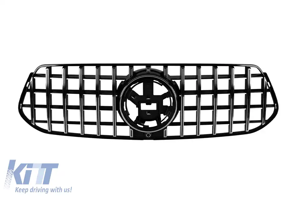 Grilă tip GT crom/neagră potrivită pentru Mercedes GLE SUV W167, GLE Coupe C167 2019-2022 cu deschidere pentru cameră, pentru modelul echipat cu bara de protecție frontală A Design