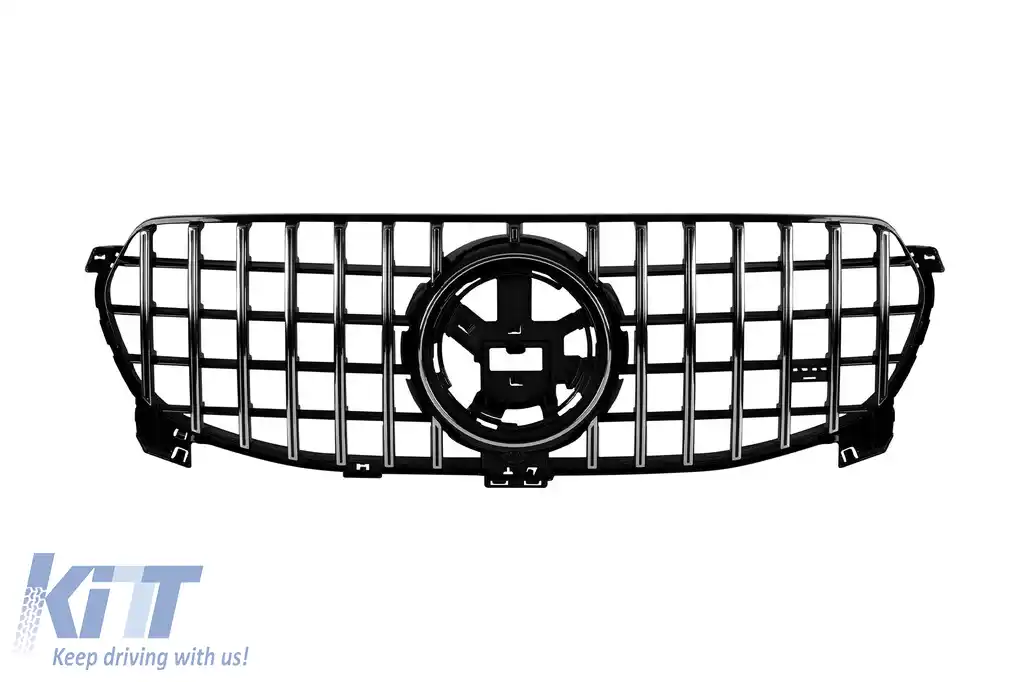 Grilă tip GT crom/neagră, potrivită pentru Mercedes GLE SUV W167 după 2019, cu pachet Offroad, cu deschidere pentru cameră