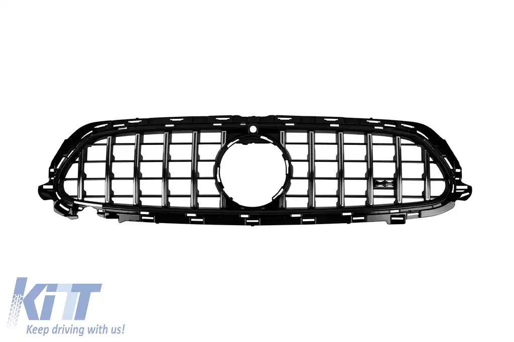 Grilă tip GT crom/neagră potrivită pentru Mercedes E-Class W213 sedan, S213 break, C238 coupe, A238 cabrio A Design Sport line & Avantgarde, E53 A Design după 2020 cu deschidere pentru cameră