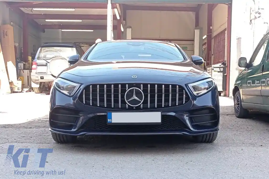 Grilă tip GT crom/neagră, potrivită pentru Mercedes CLS C257 după 2019, cu deschidere pentru cameră-image-6146044